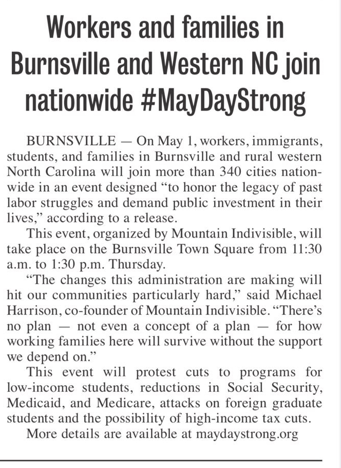 Mountain Indivisible in Yancey & Mitchell Papers for MayDayStrong day