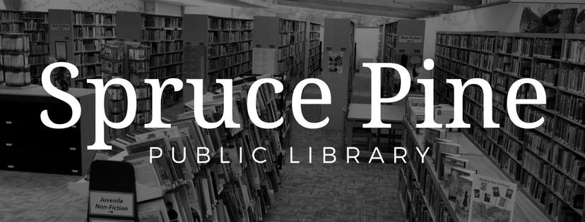 Text overly Spruce Pine Public Library on top of photo of book stacks